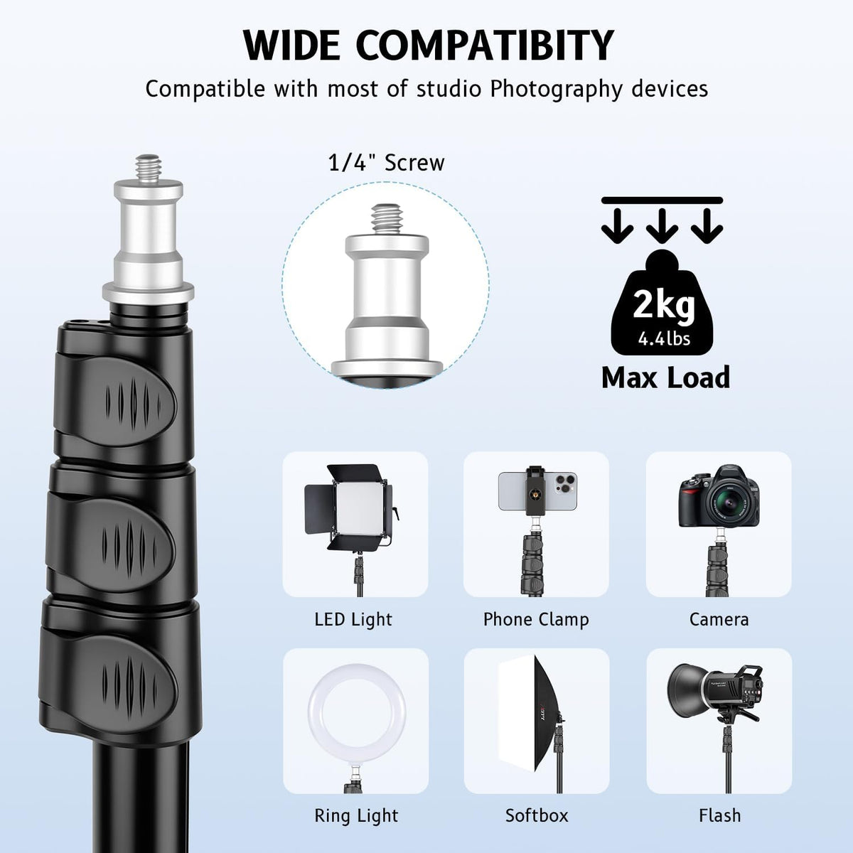 Victiv 6.56ft/200cm 360 4.4lb/2kg Light Stand for Photography, Adjustable Aluminum Tripod with Ball Head, Compact Light