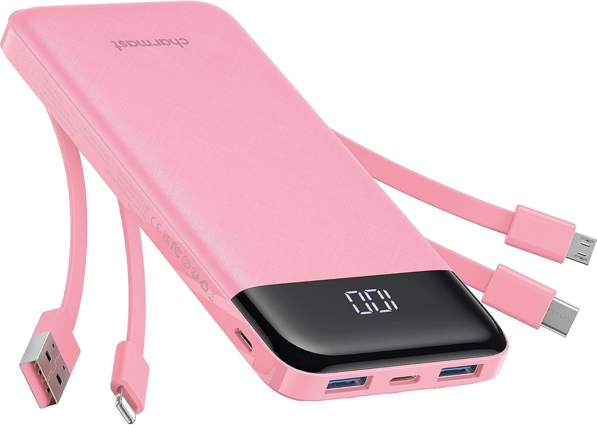 charmast Portable Charger with Built in Cables, Power Bank with Cords Wires, Slim 10000mAh Travel Battery Pack 6 Outputs 3 Inputs 3A Fast Charging for Samsung Google Pixel LG Moto iPhone iPad
