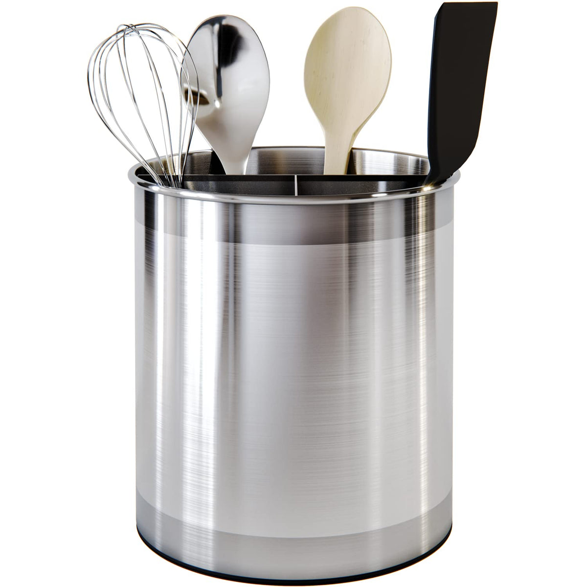 Cooler Kitchen Rotating Extra Large Stainless Steel Utensil Holder Caddy with Sturdy No-Tip Weighted Base, Removable Divider, and Gripped Insert Bottom -Dishwasher Safe Metal Cooking Utensil Holder