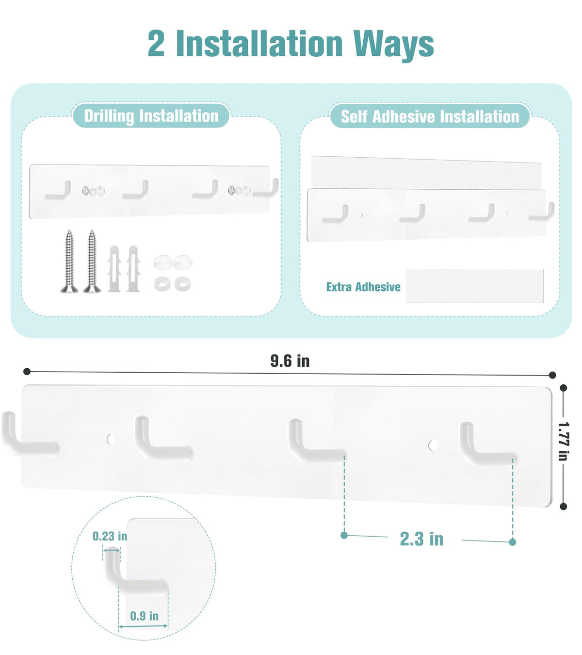 RELBRO Key Holder Wall Mount, Large Metal Self Adhesive Key Rack with 4 Hooks, 2 Installation Options, White