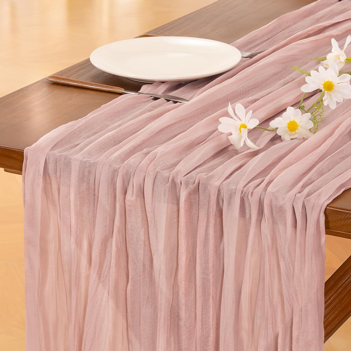 Socomi 6-Piece Pink Cheesecloth Table Runner Set - Rustic Boho 120-Inch for Weddings & Events