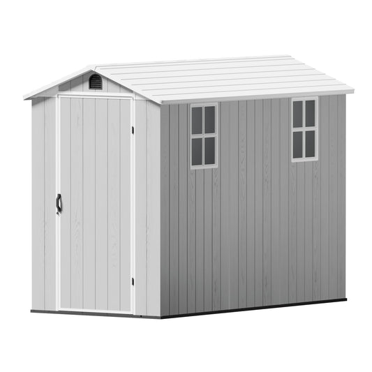 Greesum 4x8FT Plastic Storage Shed with Floor, Resin Outdoor Storaged Sheds with Lockable Door, All Weather Tool Shed with Window and Vent, Easy Assembly for Garden, Patio, Backyard, Light Gray
