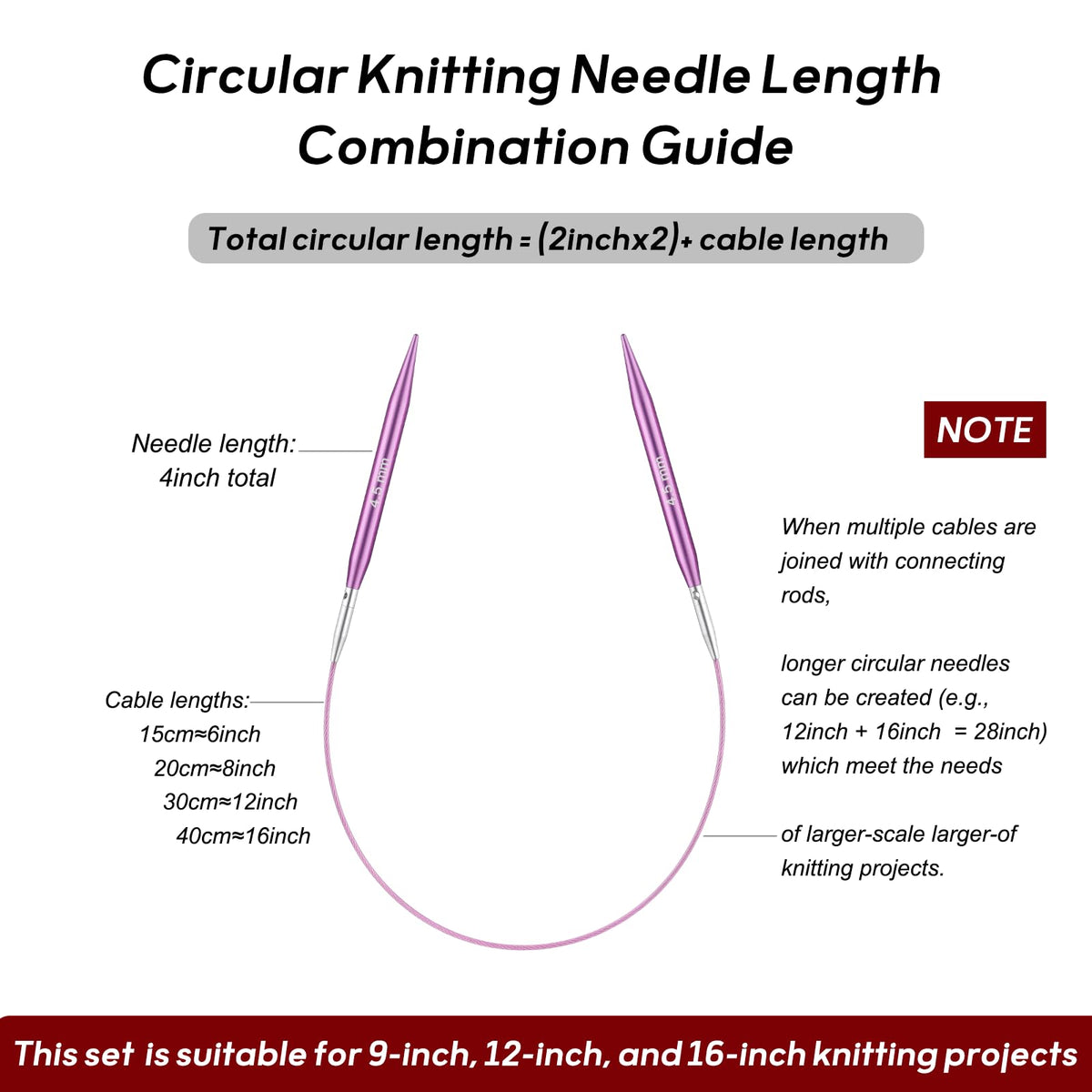 Guclud 2-Inch Short Interchangeable Circular Knitting Needles Set | US 2.5-11 (3.0-8.0mm) | 12-Pair of Metal Small Circular Needles | 4 Cables (6", 8", 12", and 16"), Accessories & Case