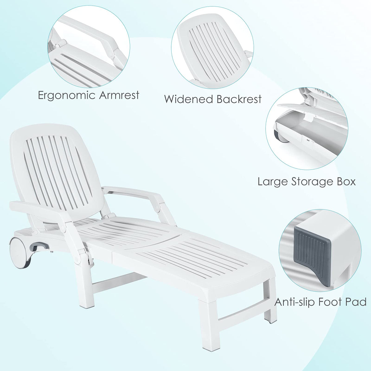 Tangkula Outdoor Chaise Lounge Chair, 5-Position Adjustable Recliner with Storage Box and Flexible Wheels, All-Weather Folding Patio Lounge Chair for Poolside, Beach and Backyard (2, White)