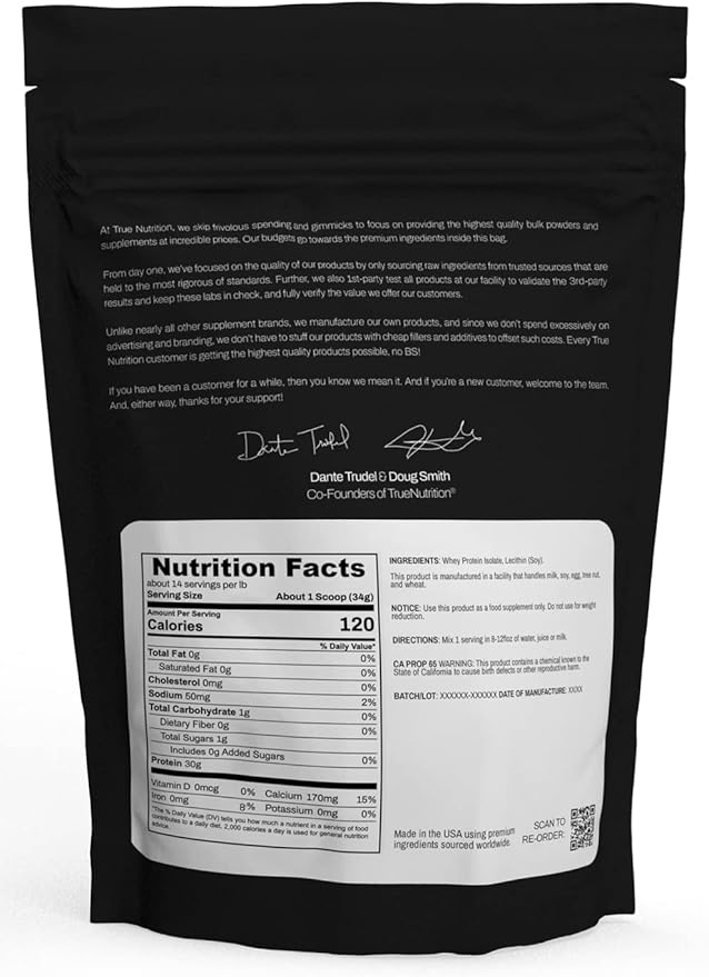 True Nutrition - Unflavored Whey Protein Isolate Cold-Filtration -100% Whey Protein Powder - 27g Protein per Serving - Mixes Easily and Tastes Great - Third Party Tested -Unflavored/Unsweetened - 1lb