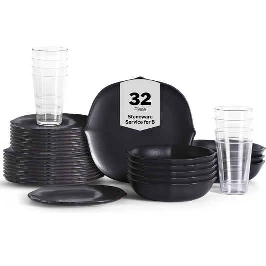 Stone Lain Baskerville 32-Piece Dinnerware Set Stoneware, Borosilicate Glass, Black