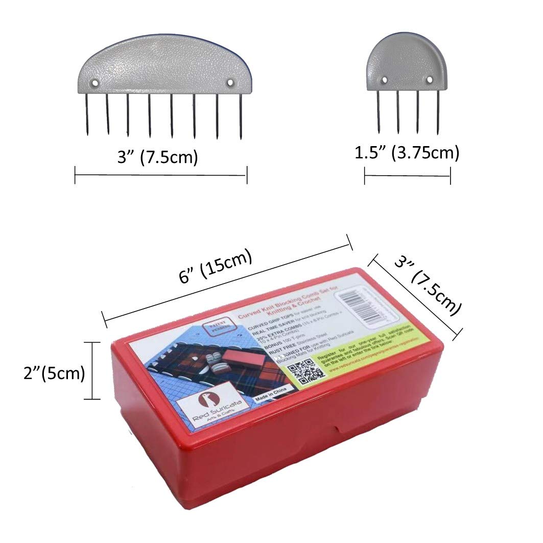 Red Suricata Curved Knit Blocking Combs Set of 25 Curved Edge Blockers for Knitting & Crochet Projects Extra 100 T pins Use with Blocking Mats - Patent Pending (25 Blockers - 2 Sizes)