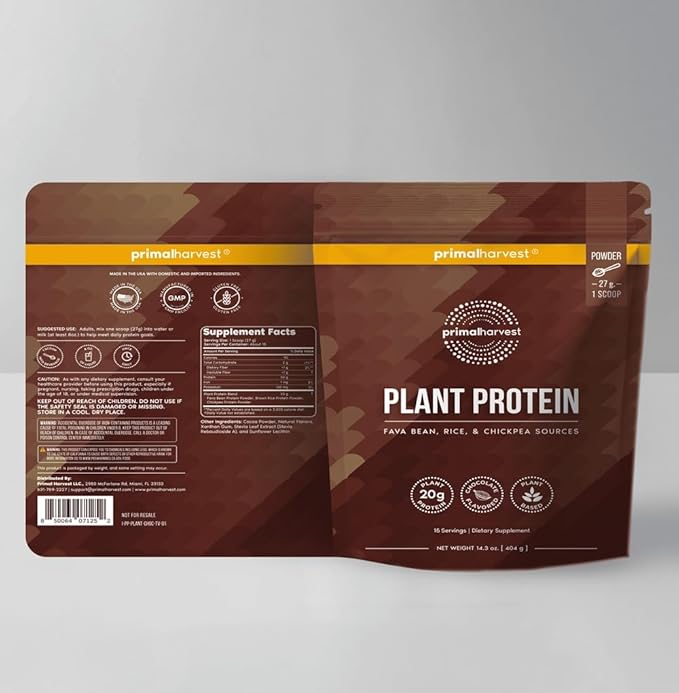 Primal Harvest Vegan Protein Powder for Nutritional Weight Support 20g Plant-Based Protein Per Serving from Fava Beans Chickpeas & Rice Chocolate Flavor 405g Gluten-Free Soy-Free No Added Sugar