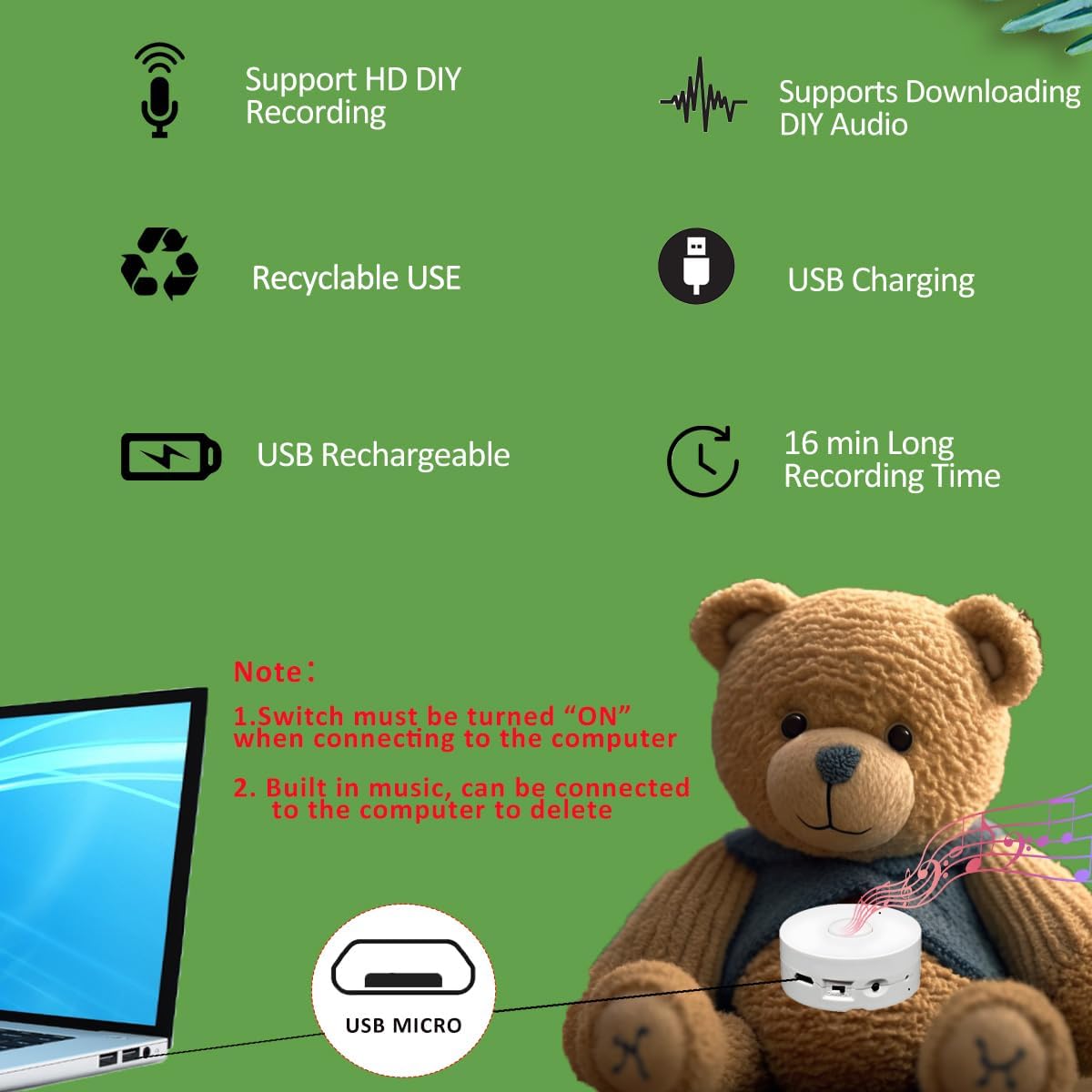 XLW 16 Min Voice Recorder,DIY Voice Recording Button for Stuffed Animals, Bear,Plush, Baby Doll,Pillow. Record Custom