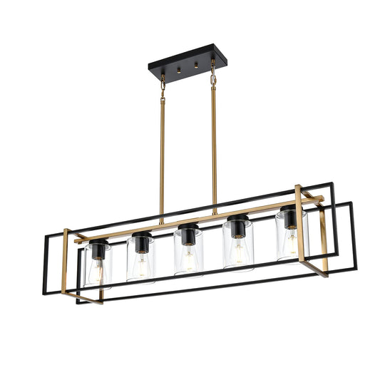 Lucidce 5-Light Farmhouse Chandelier Black and Brass Kitchen Island Lighting with Clear Glass Shades, Rectangular Chandeliers for Kitchen or Dining Room