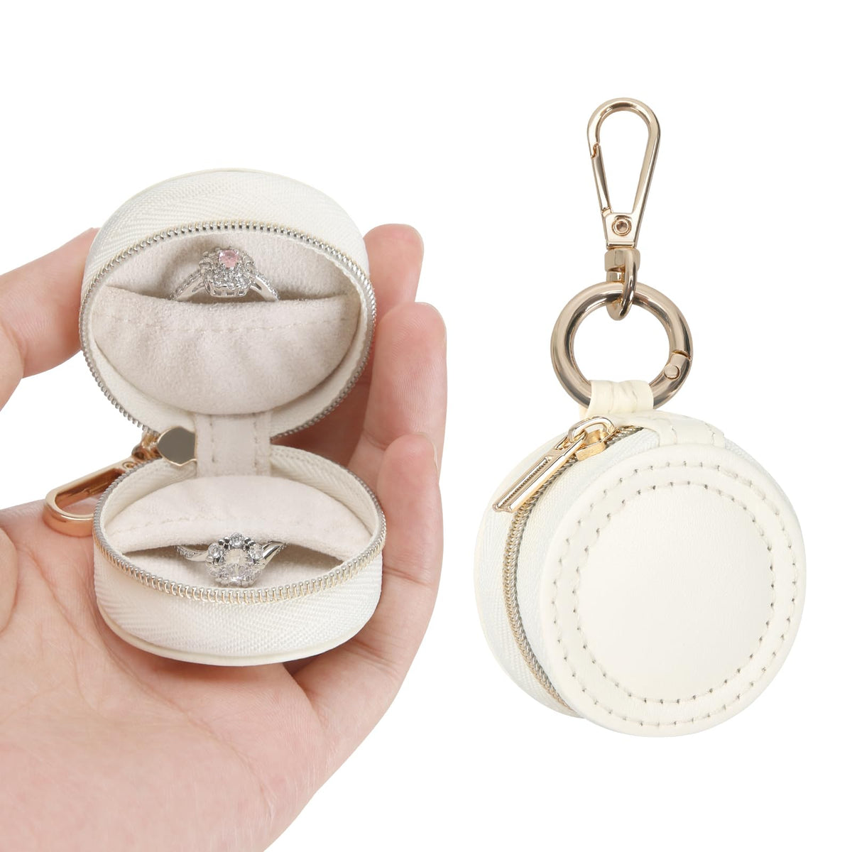KUKUVR Jewelry Ring Holder Box with Keychain, Portable Gym Jewelry Storage Box Case, Small Travel Ring Earring Stud Necklace Storage Case (White)