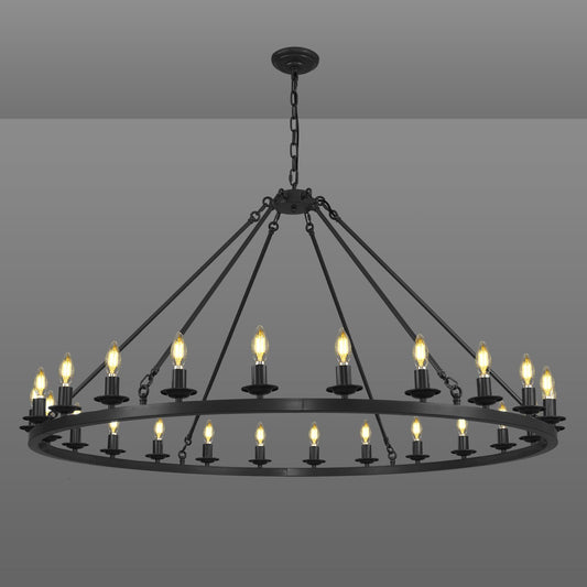 RWOGNLO 54" Black Large Wagon Wheel Chandelier, Farmhouse Round Chandeliers for Dining Room, 24-Light Modern Living Room Chandeliers Ceiling Fixtures for Bedroom, Foyer, Entryway, Staircase, Kitchen