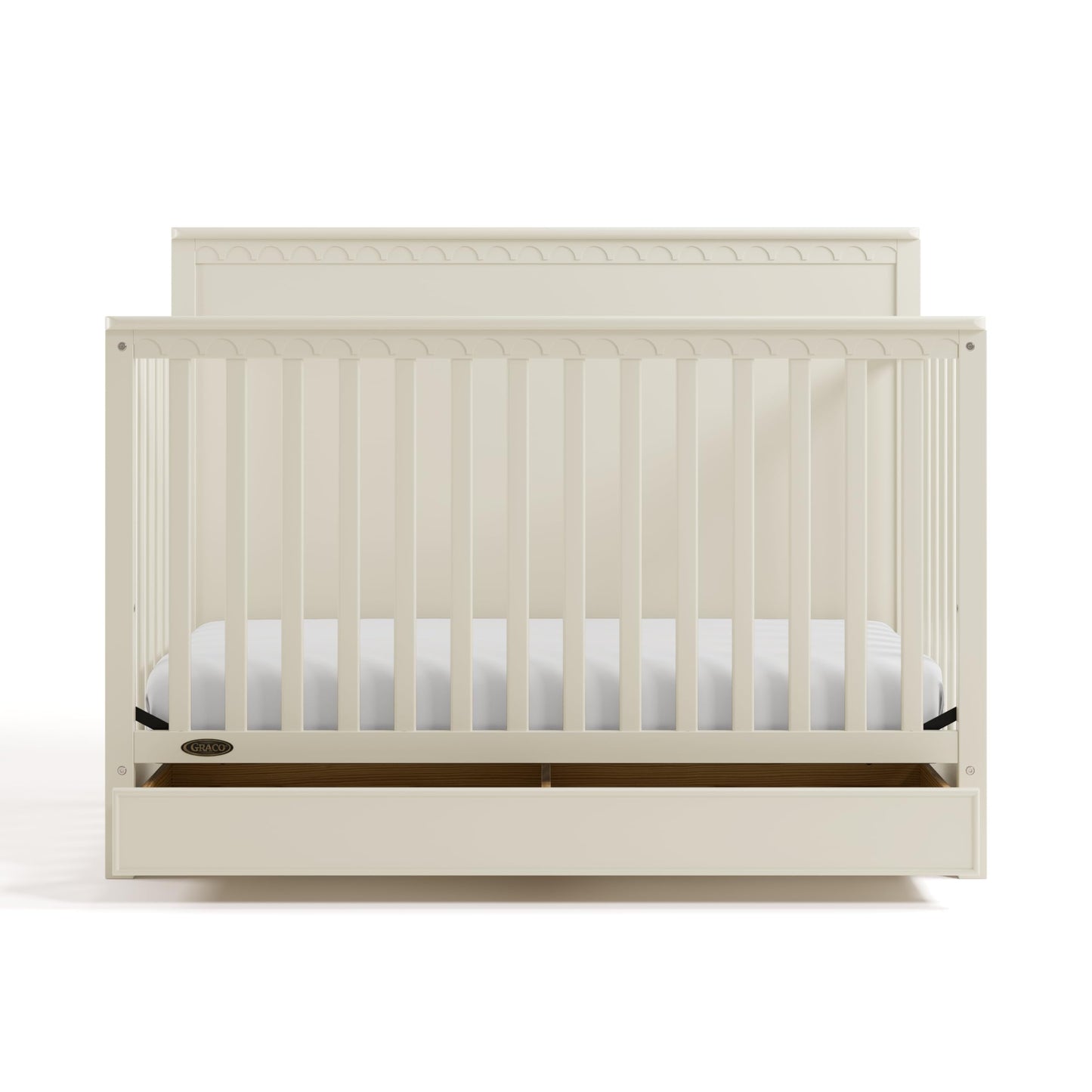 Graco Sasha 5-in-1 Convertible Crib with Drawer – GREENGUARD Gold Certified Wood Crib, Converts to Toddler Bed, Daybed, Full-Size Bed, Stylish Classic Design (Frosted Oat)