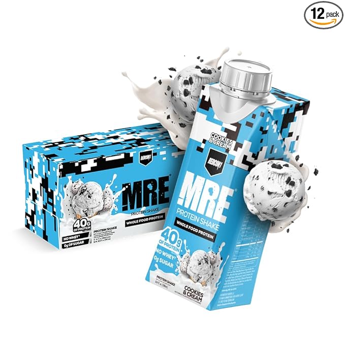 REDCON1 MRE Ready to Drink Protein Shakes, Cookies & Cream - Lactose + Whey Free RTD Protein Made with Real Whole Food Protein Blends - Keto-Friendly and Easy to Digest Nutritional Shake (12 Pack)