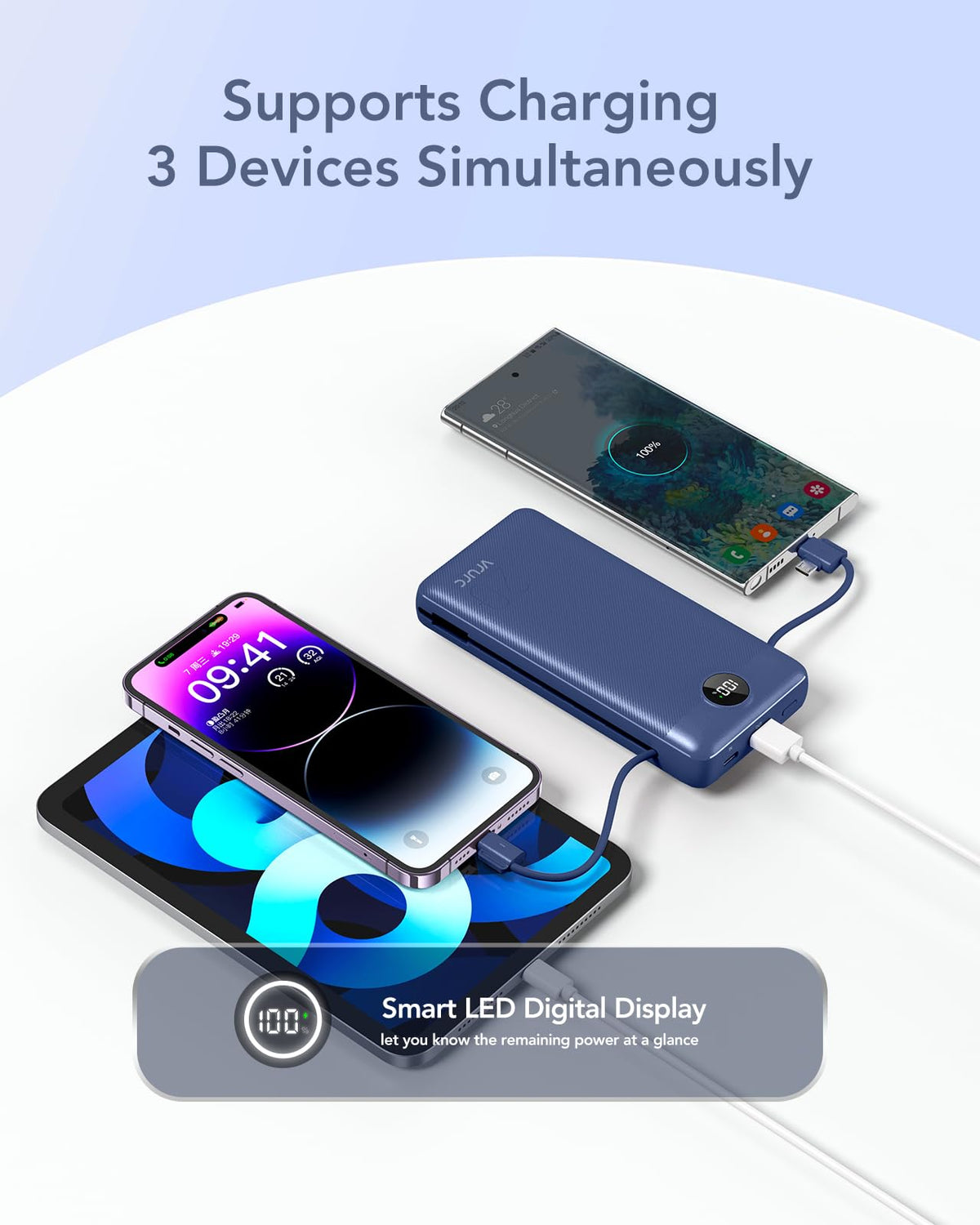 VRURC Portable Charger 20000mAh, Fast Charging Power Bank USB C,4 Output 2 Input Travel Essentials Charging Bank Equipped with LED Display,Built-in Wall Plug and Cables,Phone Charger Battery,Navy