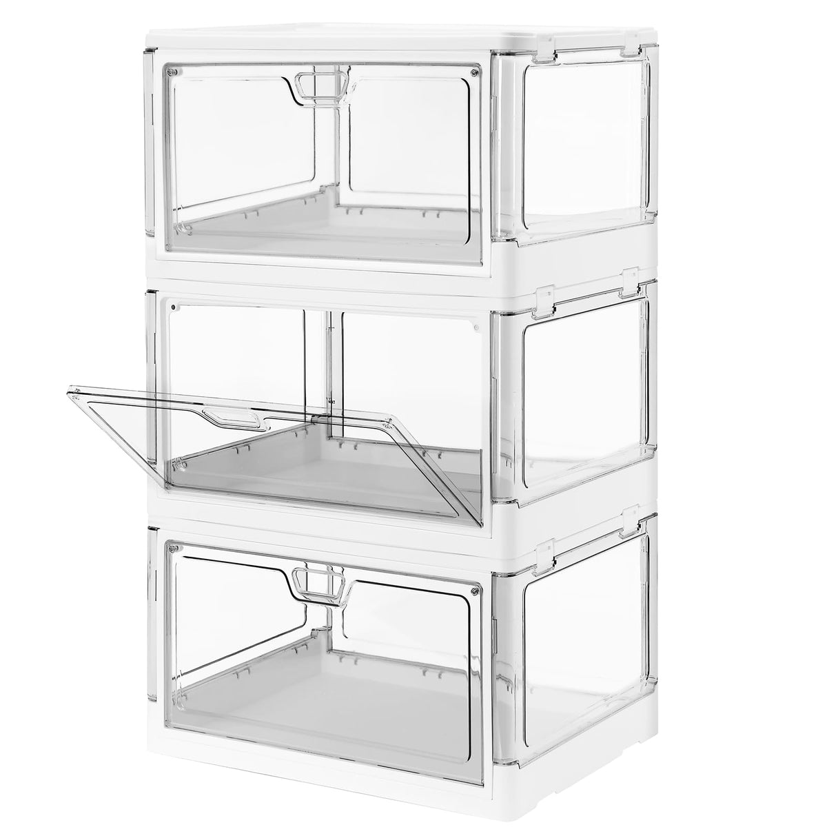 HYBRIDEAS 3-Pack Clear Stackable Storage Bins with Lids Magnetic Doors Open Front Foldable Folding Plastic Craft Containers Large Closet Organizers Box for Bedrooms Living Rooms Study Kids' Toys 24 QT