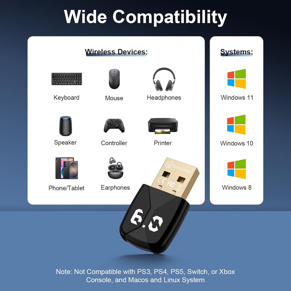 Radidi 6.0 11/10/8.1, USB Bluetooth Adapter for PC, Bluetooth Dongle Receiver EDR & BLE, Plug & Play for Windows