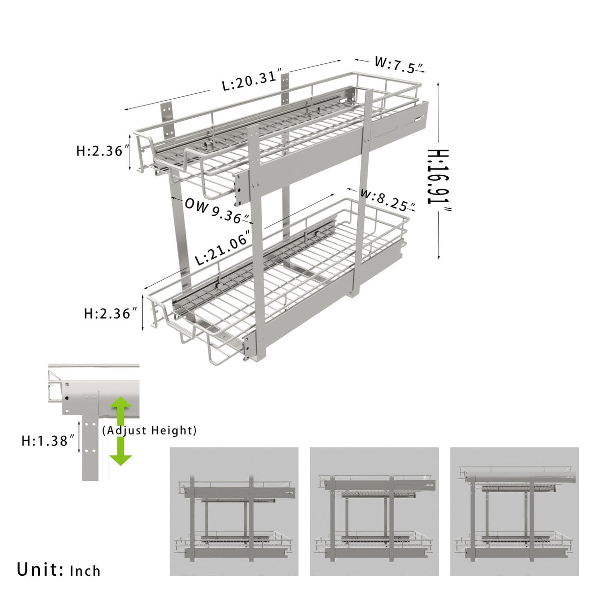 EZKAZA Pull Out Cabinet Organizer 9.5" W x 21" D, 2-Tier Kitchen Cabinet Pullout Shelf and Drawer Organizer Slide Out Pantry Storage Basket, 8.2" W x 21" D x 2.4" H for Bottom Basket Size