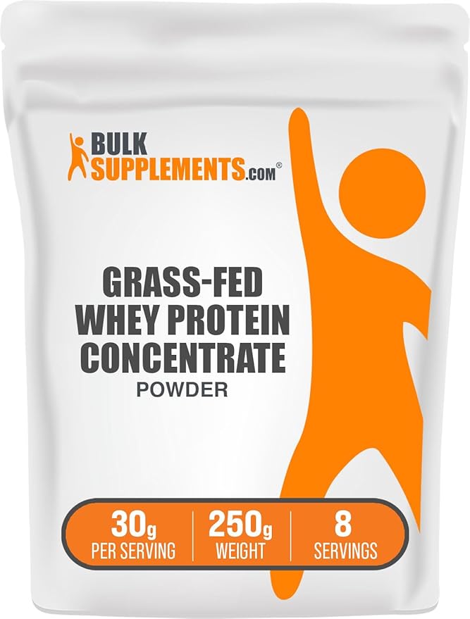 BulkSupplements.com Grass Fed Whey Protein Powder - Whey Protein Concentrate Powder - Unflavored & Gluten Free, 30g per Serving, 250g (8.8 oz) (Pack of 1)