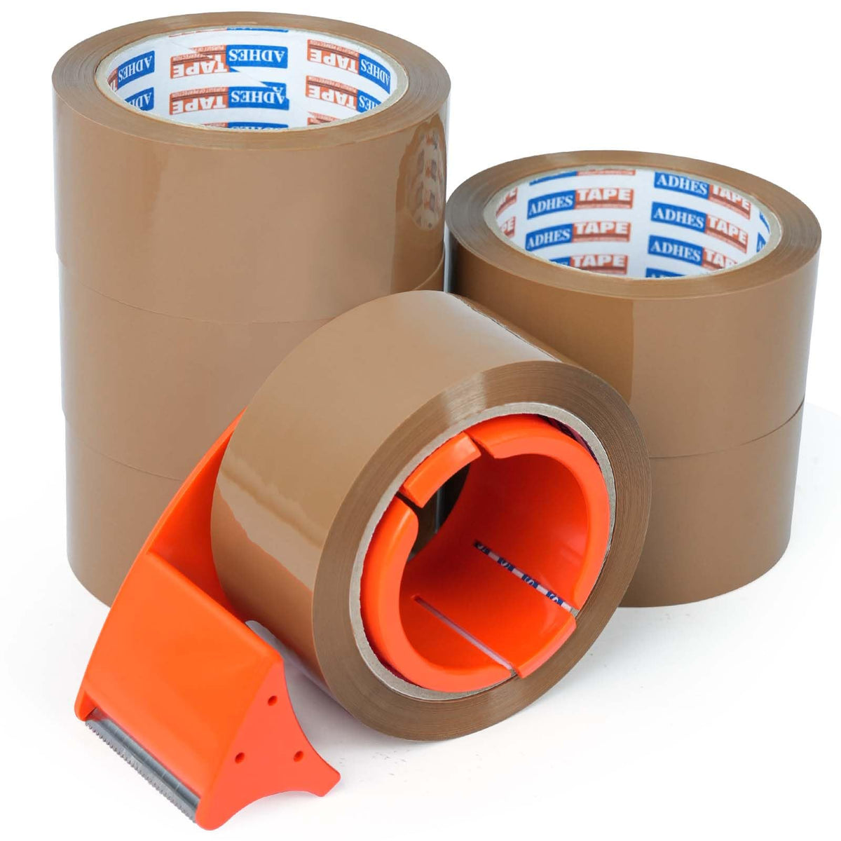 ADHES Brown Packing Tape with Dispenser, 1.88 Inch x 55 Yards, 6 Rolls Heavy Duty Shipping Tape for Moving Boxes, Packaging and Storage, Strong Adhesive