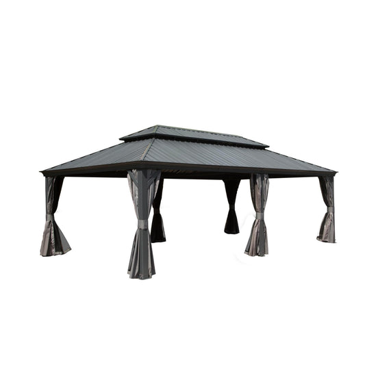 GOWE 14x22FT Hardtop Gazebo, Outdoor Gazebo with Galvanized Steel Double Roof, Aluminum Frame, Built-in Gutter System, Curtain and Netting, Metal Gazebo Pavilion for Patio Deck Garden, Grey