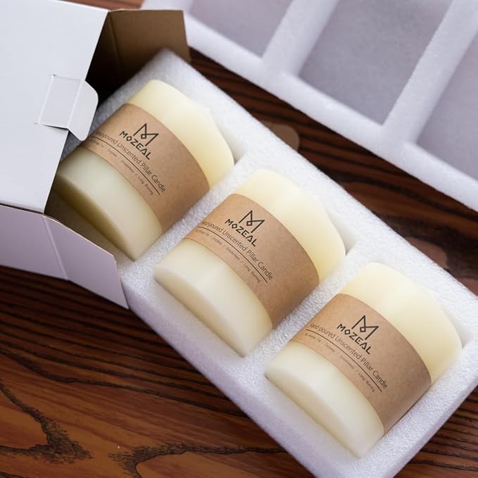MOZEAL 3" x 8" Hand-Poured Unscented Candles,Large Yellow Pillar Candles Set of 2,No Drip,Approx 120 Hours Long Burning,Wedding,Dinner,Christmas and Home Decor（3 Inch Diameter 8 Inch Height）
