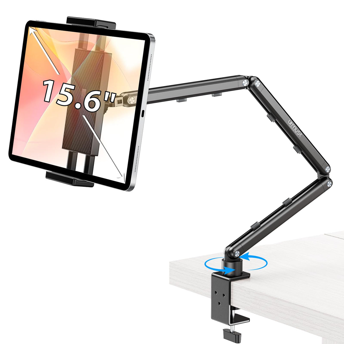 Urmust Tablet Stand for Desk, Adjustable iPad Holder for Bed, 360° Rotation, Sturdy Aluminum Tablet Arm Mount for 4.7"-15.6" iPad Pro/Air/Mini, iPhone, Galaxy Tab, for Kitchen, Work, Video Call