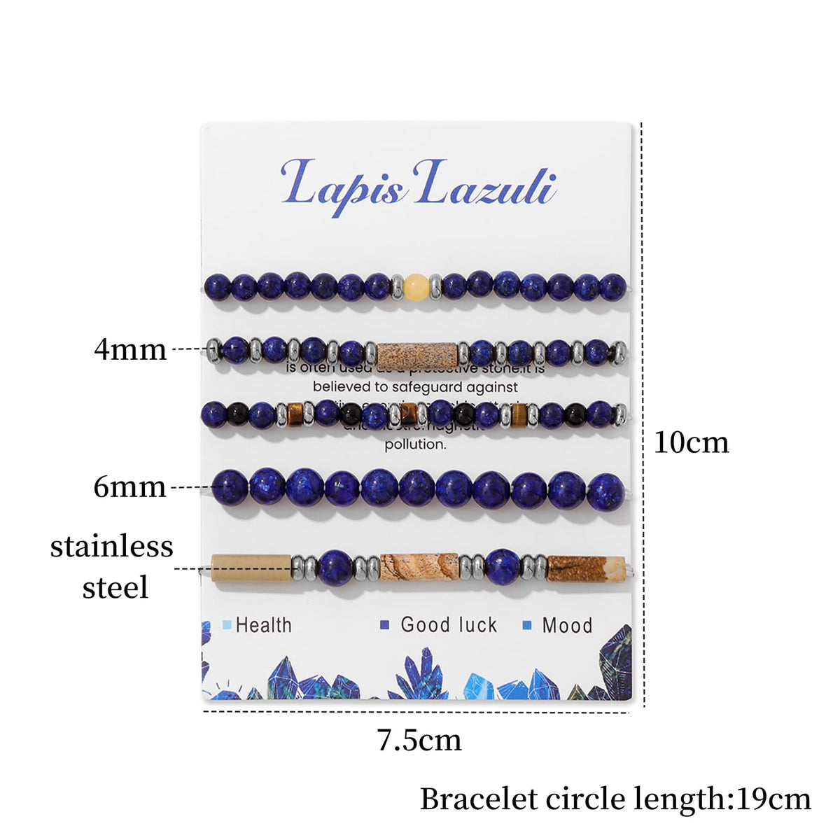 Lit Wall 5Pcs Lapis Lazuli Bracelet Set - Blue, Round, 4mm & 6mm, Adjustable, Stretch, No Metal, Unisex, 5 Count, Perfect for Occasions