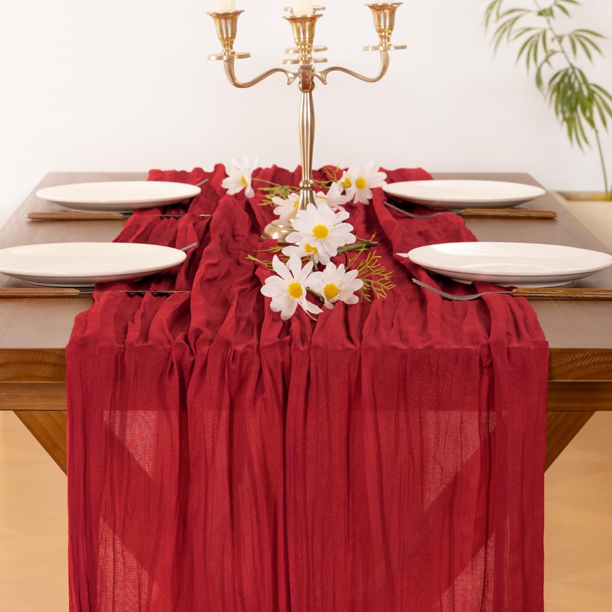Socomi Cheesecloth Table Runner - 3pcs Red Boho Rustic Design | 120 Inch for Weddings & Events
