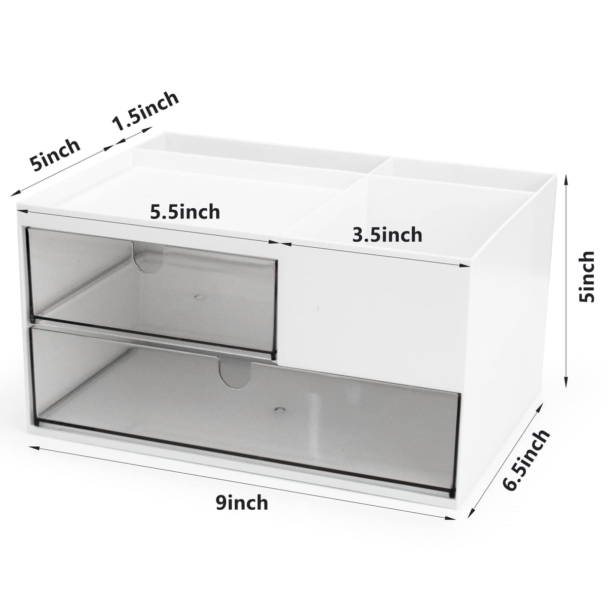 Desk Drawer Organizer, Desk Storage Box with 2 Drawers and 4 Compartments, Multifunctional Desk Accessories & Countertop Organizers for Office School Home (White）