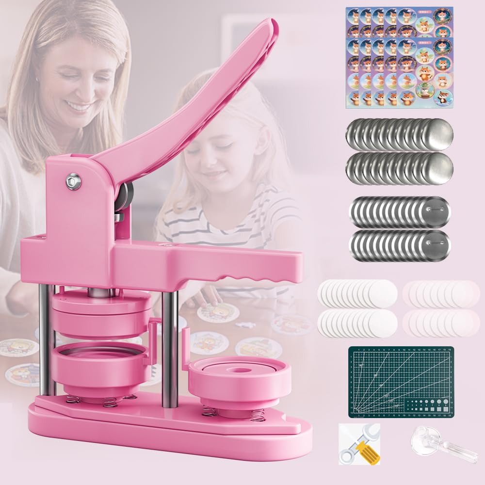 FreeingBAG Button Maker Machine 58mm - (3 Gen) Installation-Free (2.25in) DIY Badge Button Maker Press Machine Badge Punch Press with 100pcs Button Parts Pictures (Pink, 2.25 inch / 58mm)
