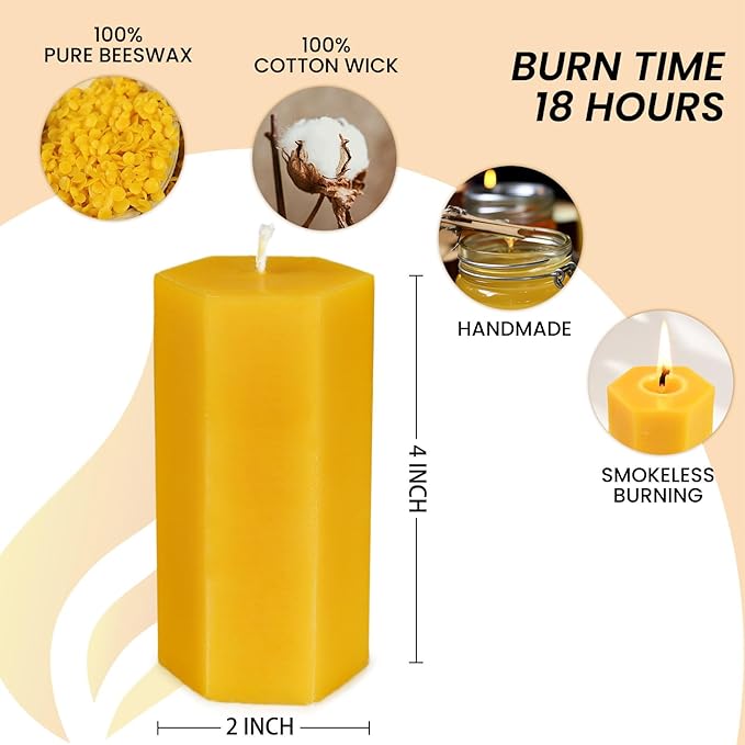 6PCS Hexagon Beeswax Pillar Candles,Large Handmade Pure Beeswax Candle,Unscented Smokelessï¼? * 4",18H, Raw