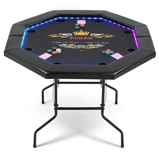 REAHOISY LED Poker Table for 8 Players, 48" Foldable Octagonal Casino Table for Home Game Room, Folding Texas Holdem Board Game Table with Built-in Dual-Color LED Light & Padded Armrest & Cup Holders