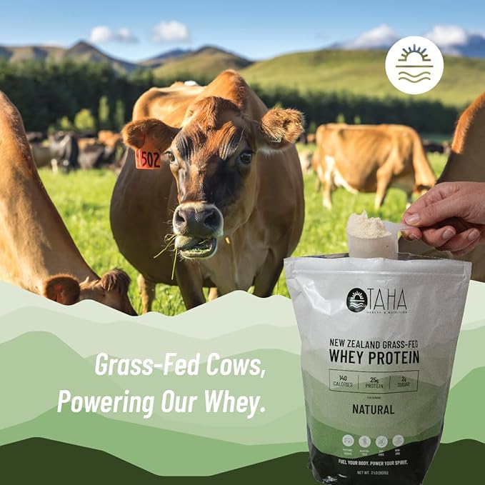 Taha Health & Nutrition Natural Unflavored Whey Protein Concentrate Powder, 25g Protein, 140 Calories, 2g Sugar | New Zealand Grass-Fed, Free-Range Dairy | Gluten and Soy Free, Keto, Kosher | 2LB