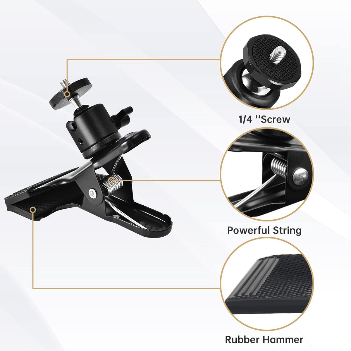 UTEBIT 360 Heavy Duty Tripod Camera Mount Clip with Swivel Mini Ballhead, Black Spring Clamp for DSLR Video Photoshoot