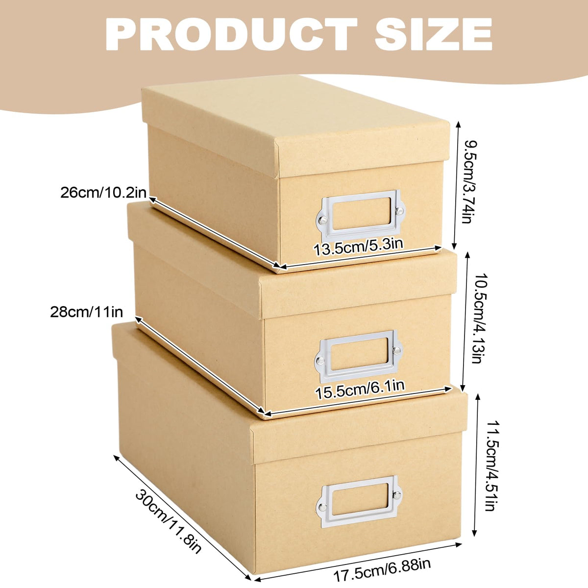 Threehoney 9 Pcs Kraft Storage Boxes Rectangle Stacking Boxes with Lids and Cardboard Organizers with Gold Label Holders for Home Decor and Organizing(Khaki)