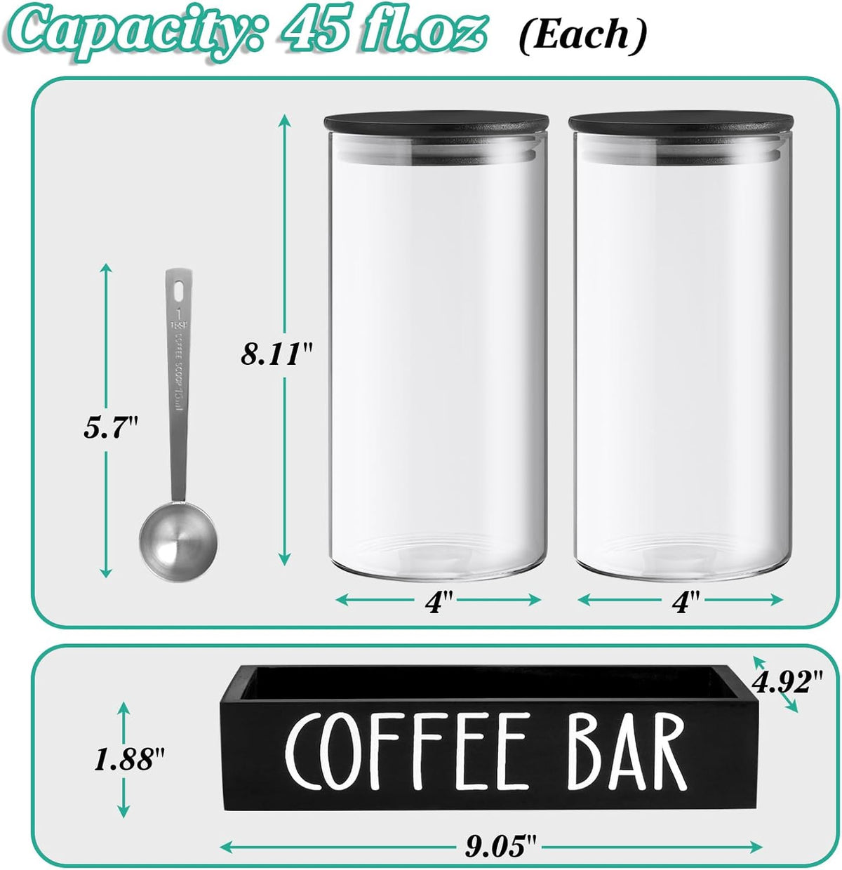 Skiennix Glass Coffee Canister Set - 2Pcs 45oz Airtight Containers with Bamboo Lids & Black Tray | Stylish Coffee Storage Jars for Home Decor