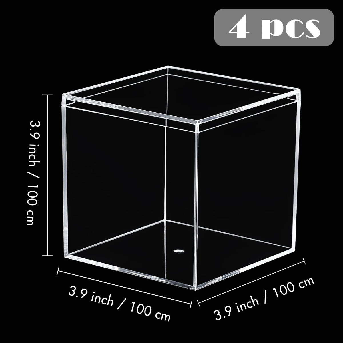 Kamehame Acrylic Boxes for Display 4 Pack Clear Plastic Square Cube, 3.9x3.9x3.9Inch/100x100x100mm Small Acrylic Box with Lid, Candy Pill and Tiny Jewelry Storage Boxes Organize Containers