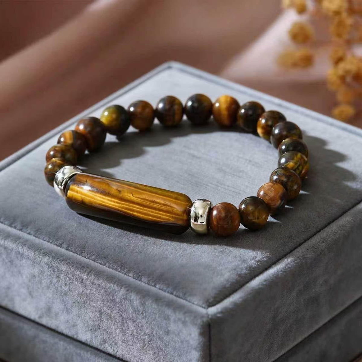 Kim Carrey Italian Tiger's Eye Mens Bracelet Stainless Steel Waterproof, Men's Bracelets Birthday Annivesary Gift for Him (Big Tiger's Eye Beads)