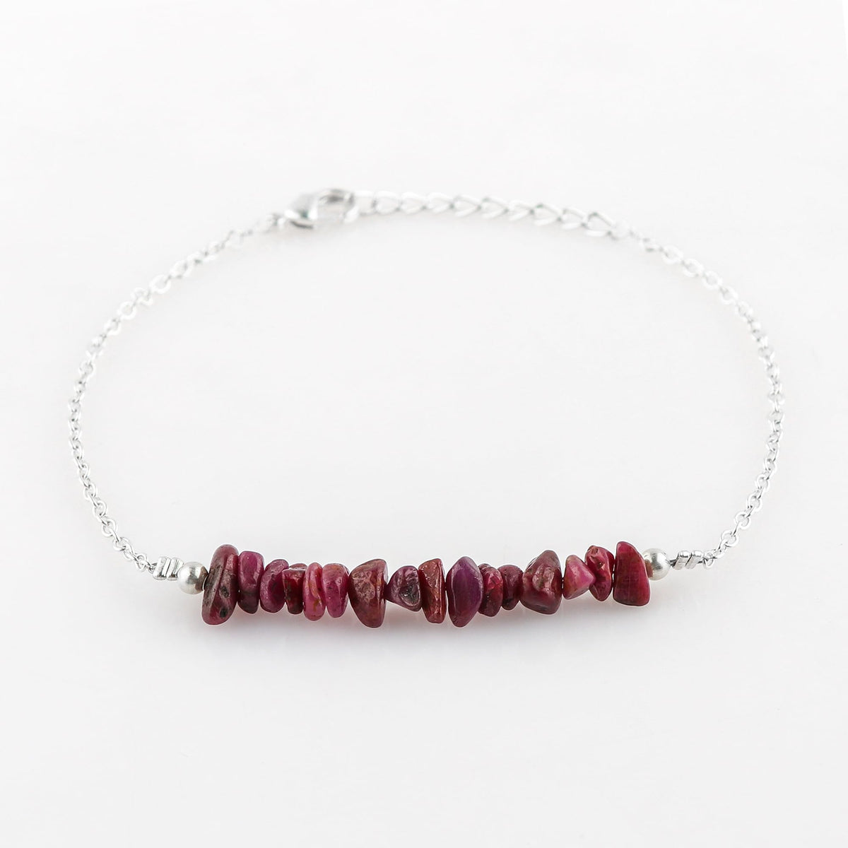Gemimpression Handmade Ruby Chips Bar Bracelet – Natural Energy Healing Crystals – Silver Plated Adjustable 8 Inch Chain – Christmas Gift