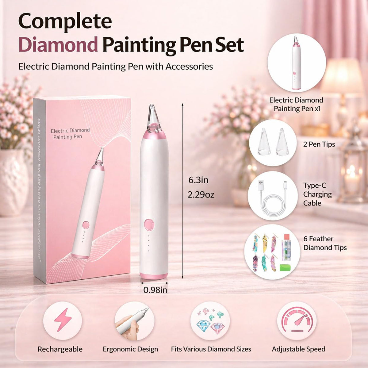 HAUTLENCE Electric Diamond Art Pen, Vacuum Diamond Painting Pen, Rechargeable Wax-Free Diamond Art Tools Kit with 3-Speed Adjustable Suction, Low Noise, Includes 6 Feather Bookmarks