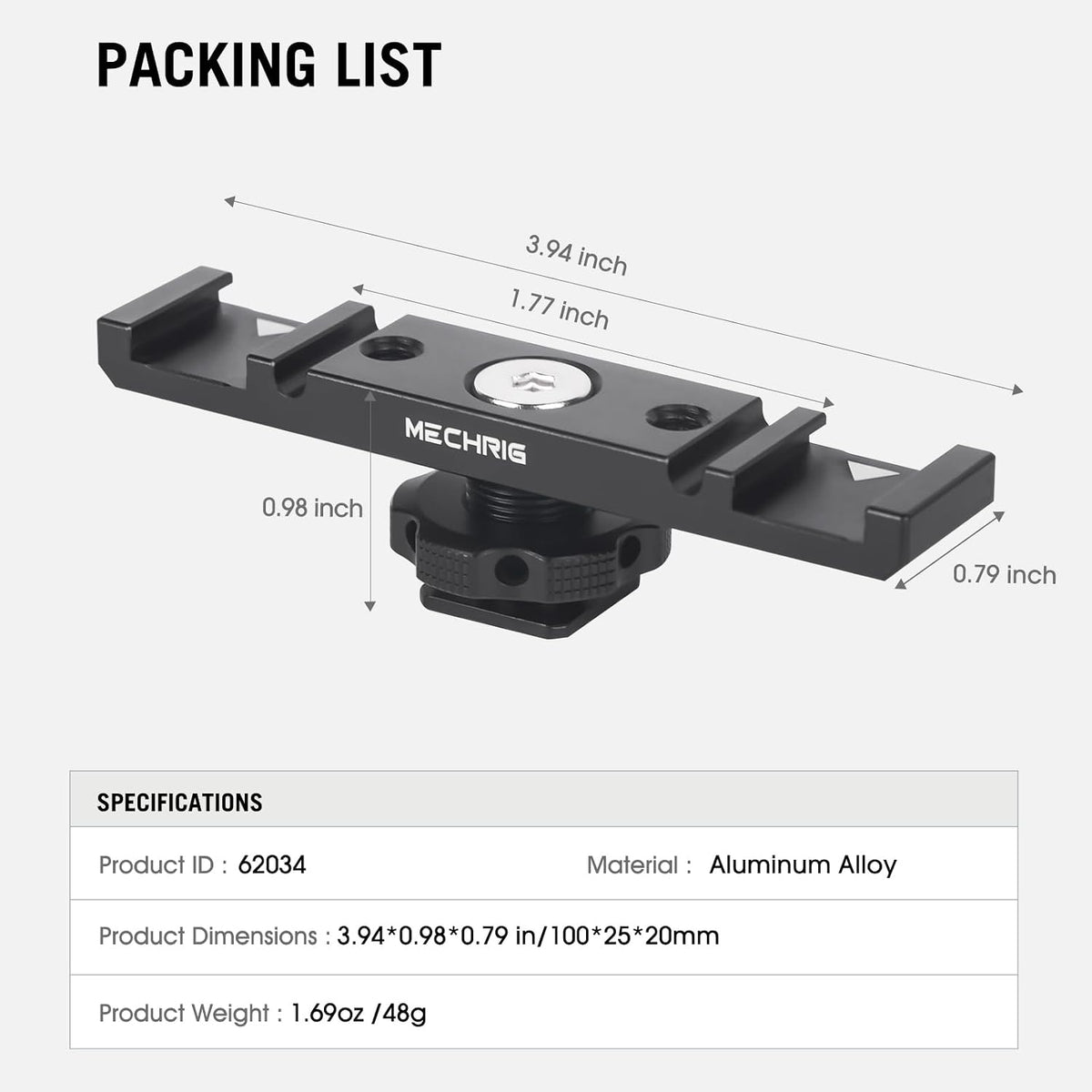 Mechrig 1/4" (62034) Dual Cold Shoe Extension Bar Mount, Aluminum Dual Hot Shoe Mount Bracket with Thread & Cable Slot