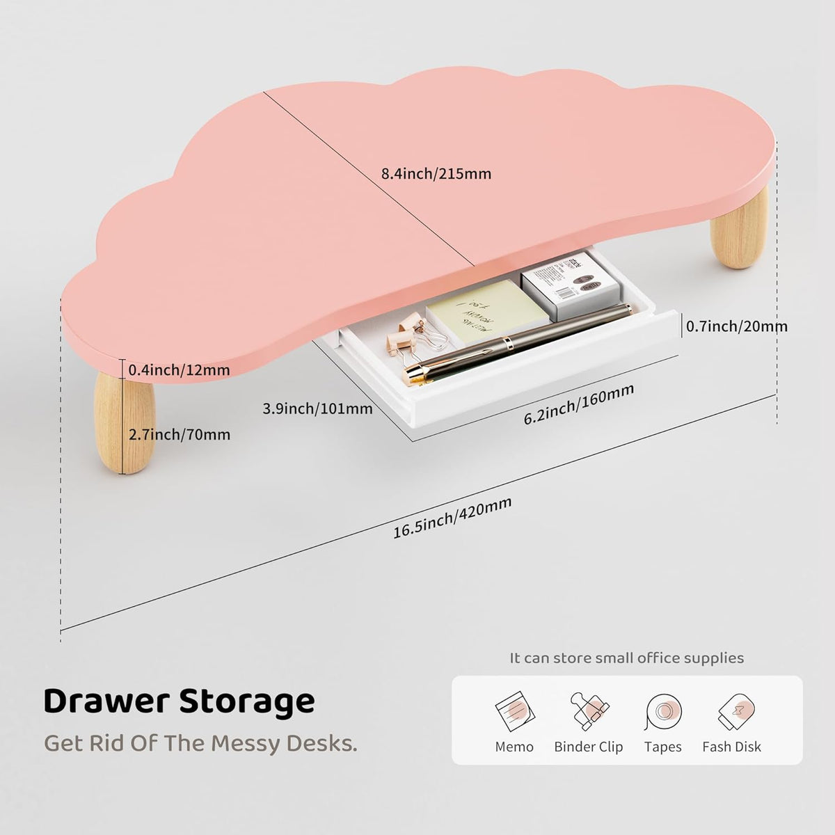 16.5In AFOOYO Monitor Stand Riser,Cloud-Shaped Sturdy Wood Computer Monitor Riser Wirh Drawer, Multi-Purpose Desktop