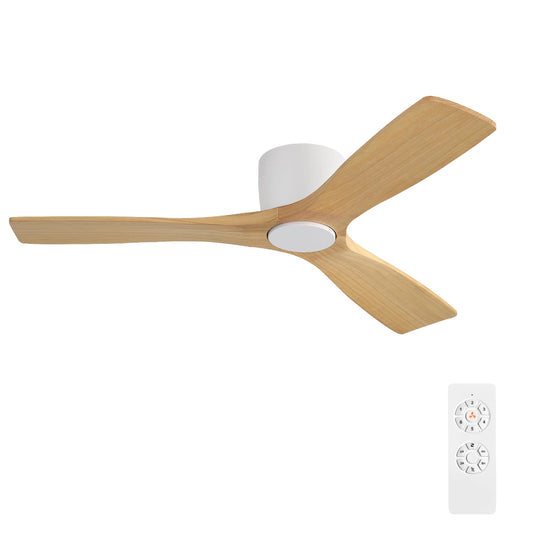 WINGBO 48 Inch Flush Mount DC Ceiling Fan without Lights, 3 Carved Wood Blades, 6-Speed Noiseless Reversible DC Motor, Hugger Ceiling Fan No Lights in White Finish with Oak Blades, ETL Listed