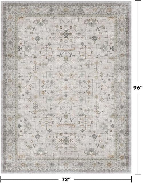 Hazo Haus Boho Light Grey Living Room Rug - Modern Vintage Floral Design, 6x8, Washable Non-Slip Area Rug