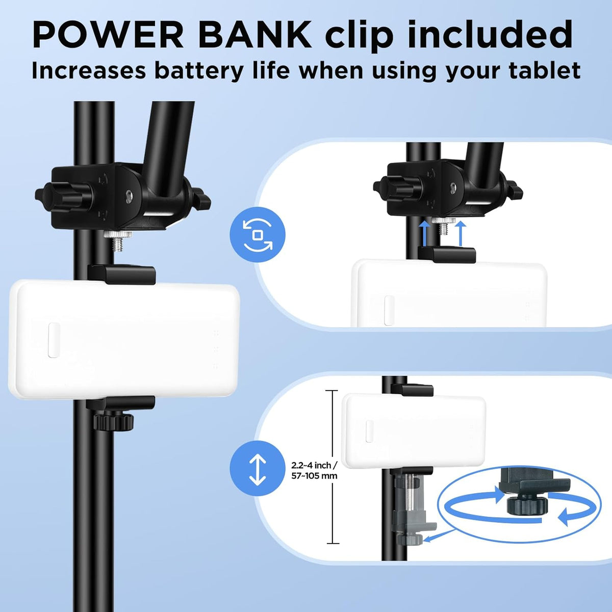 LZSIG 4.7-13.5" Tablet Holder for Mic Stand with Power Bank Clip - Adjustable iPad/iPhone Mount for Music Stand