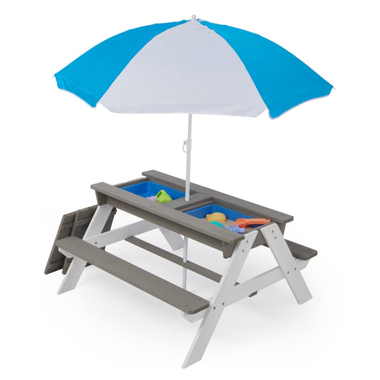 3 in 1Outdoor Wooden Picnic Table with Umbrella, Convertible Sand Wate, Gray CPSIA Certification