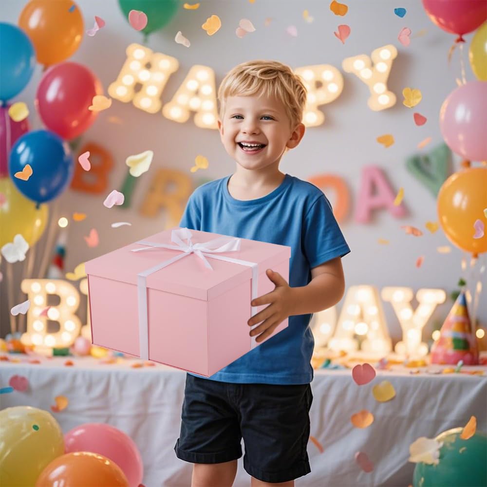 UoeRing 1Pcs Pink Extra Large gift box with lids 16.5×13×8 Inches gift boxes for presents,Birthday Box (include Ribbon, Paper Shred Filler Gift Card & Envelopes)