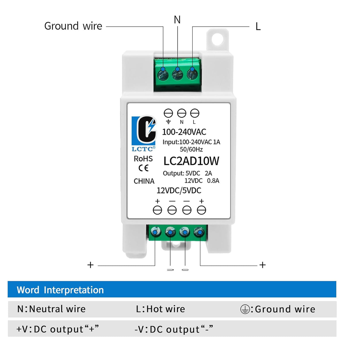 LCLCTC 5V 12V Rail2A 0.8A,Dual 10W,Input 100-240Vac,120VAC 115v 5 Power Supply din Output to Volt, LED, CCTV, Arduino
