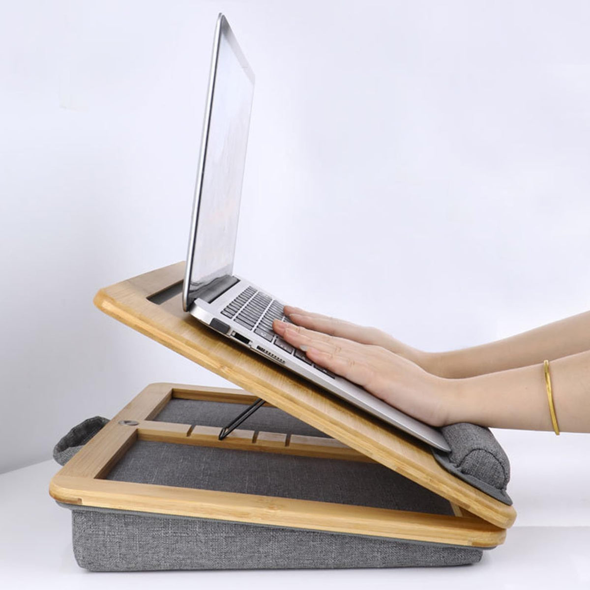 SUMISKY Adjustable Lap Desk-Portable Laptop Stand with Cushion, Bamboo Platform with Phone Holder, Wrist Pad Fits up to 15.6 Inch Laptops